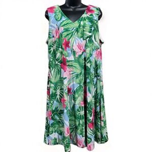 Pappagallo Tropical Floral A-Line Dress Size 1X Sleeveless V-Neck Resortwear